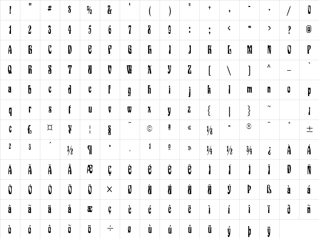 Epic Condensed Normal  glyph index