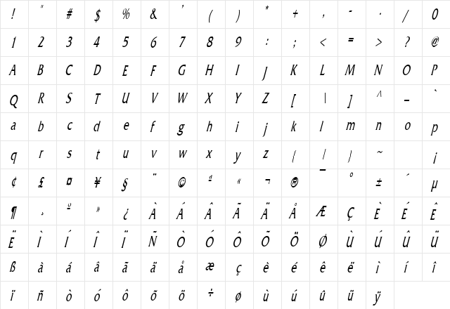 Franco Thin Italic  glyph index