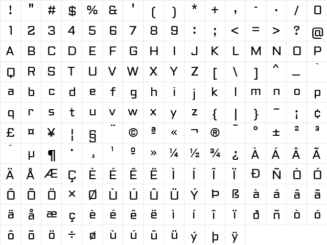 Aldrich Regular  glyph index