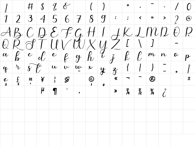 Pretty Valentine Regular  glyph index