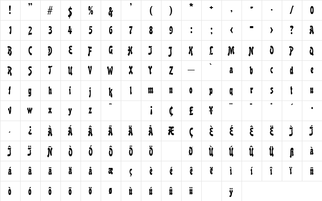 Boutique SF Regular  glyph index