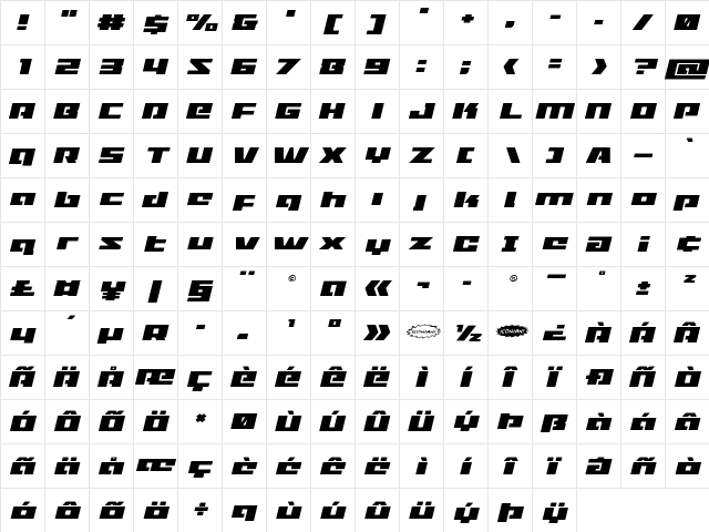 Turbo Charge Expanded Italic Expanded Italic  glyph index