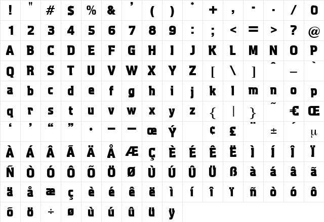 Viaduct Regular  glyph index