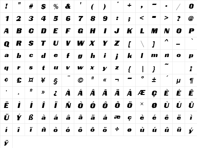 CharterOakURWDNor Regular  glyph index