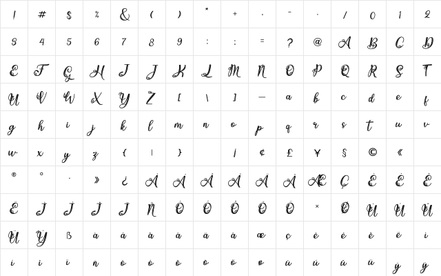 Hekayi Regular  glyph index