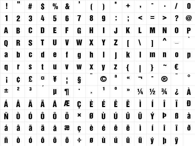 HelveticaInserat LT Regular  glyph index
