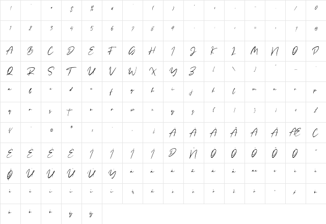 Rachelyne Regular  glyph index