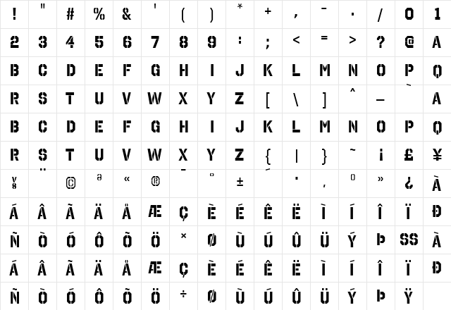 Octin Stencil Bold  glyph index