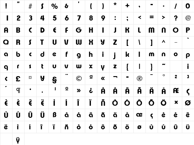 Expressa Bold  glyph index