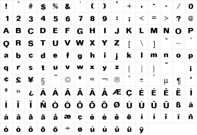 Folio ICG Bold  glyph index