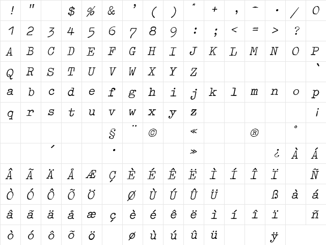 OldTypewriterRegObl Regular  glyph index
