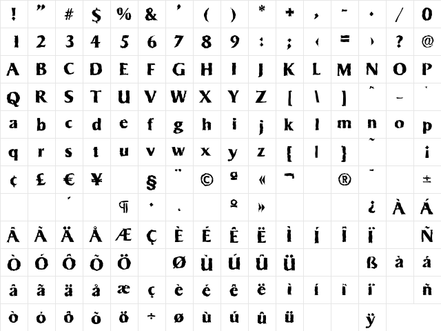 SigvarRandom-Xbold Regular  glyph index
