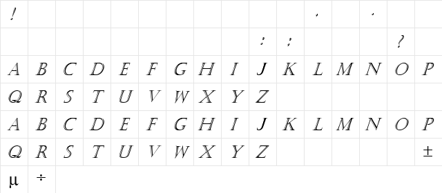 Kastellar Italic  glyph index