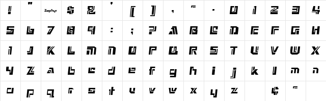 DXS Zephyr Regular  glyph index