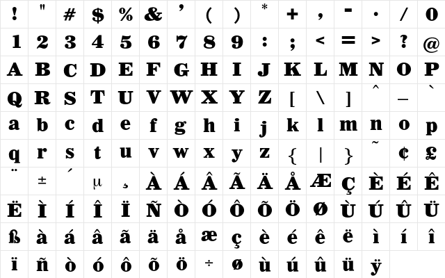 Classic Regular  glyph index