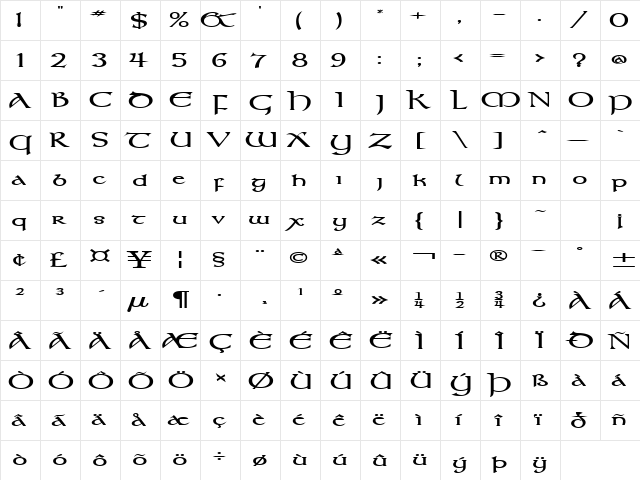 Kelt Extended Bold  glyph index