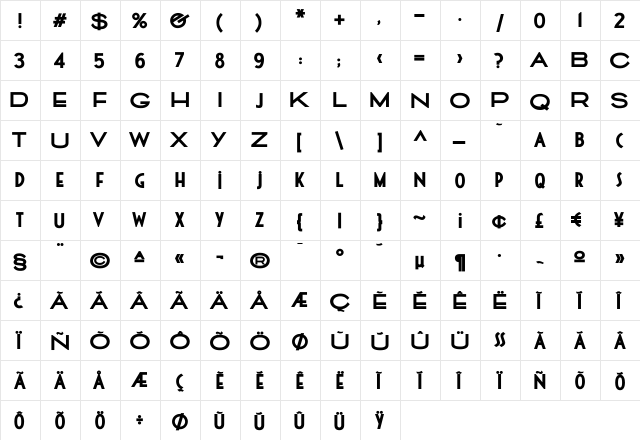 Cassandra XBold Regular  glyph index