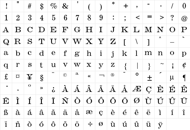 Claire News CG Light Regular  glyph index