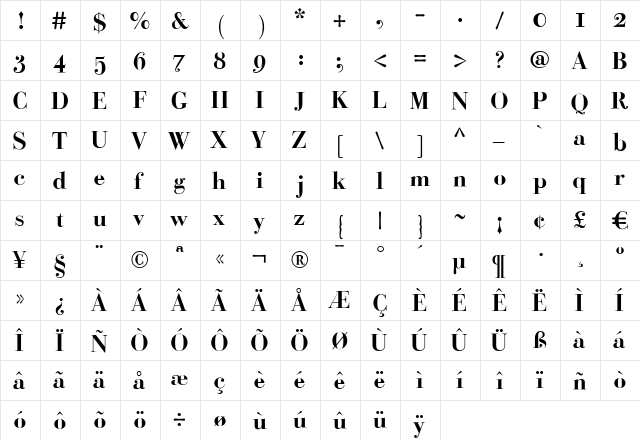 Bodoni Classic Bold  glyph index