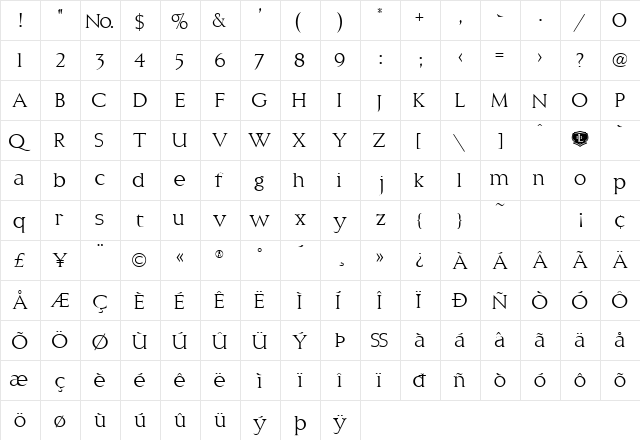 LHF Classic Roman Regular  glyph index
