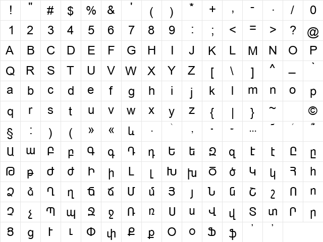 Arial Armenian Regular  glyph index