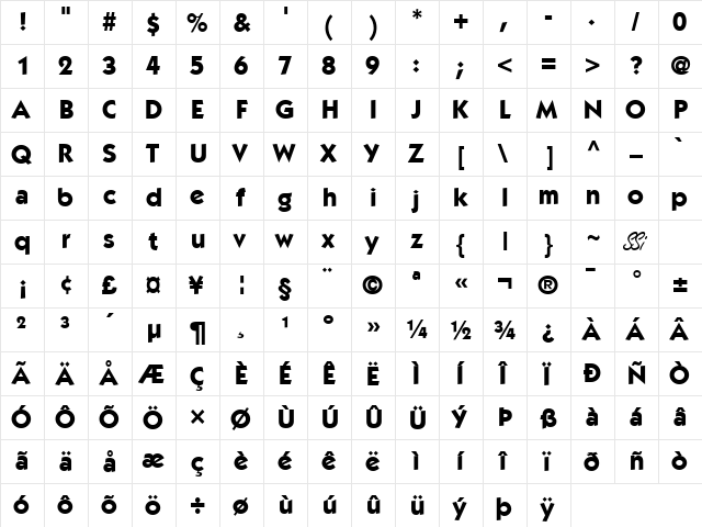 Performa SSi Bold  glyph index