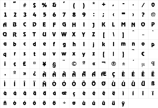 Ragtime-Bold Regular  glyph index