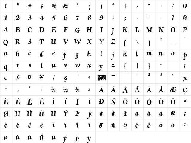 Chancery Bold  glyph index