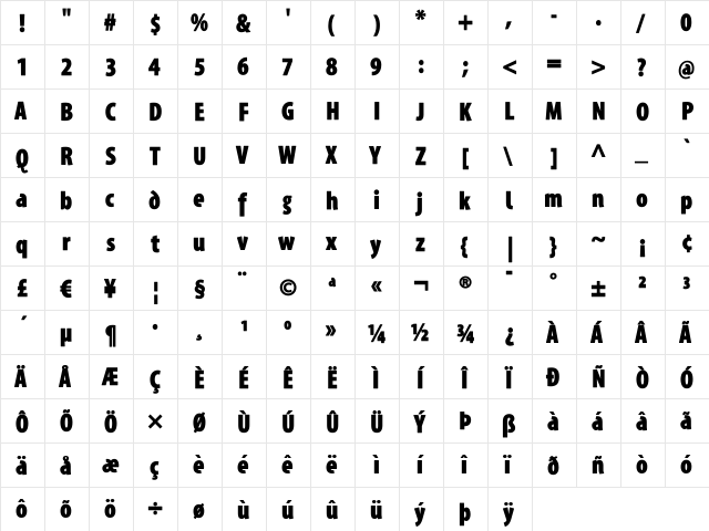 Santana-BlackCondensed Regular  glyph index