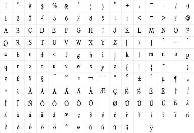 Albatross Bold  glyph index