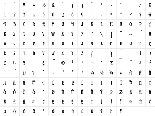 DTCDirtyM20 Regular  glyph index