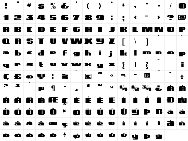 Asphalt Regular  glyph index