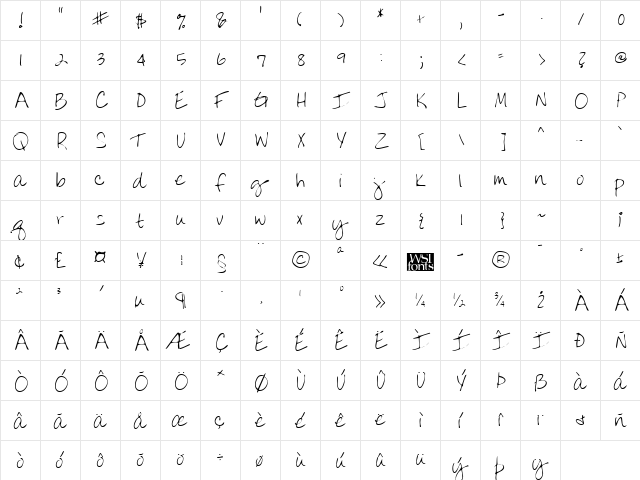 DonnysHand Regular  glyph index