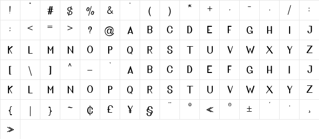 Golden Bridge Sans Regular  glyph index