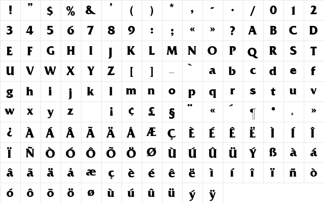 Frizz_Quadrata-Bold Regular  glyph index