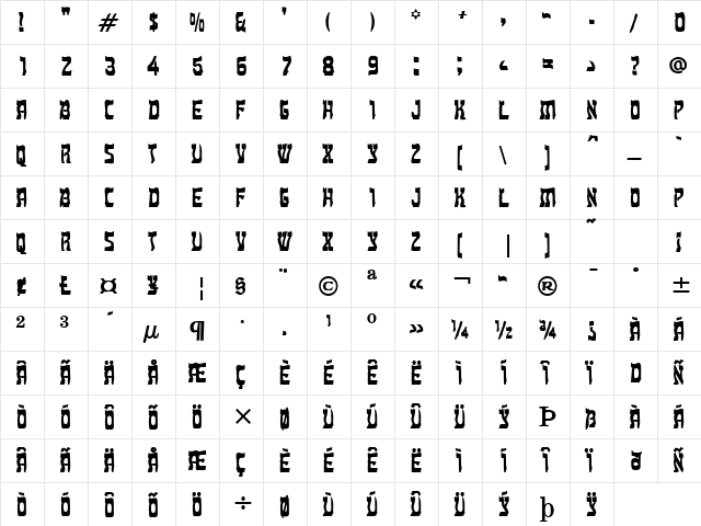 Kosher Condensed Bold  glyph index