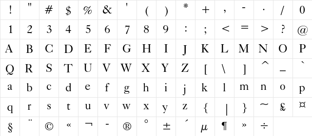 CaslonC 540 BT Regular  glyph index