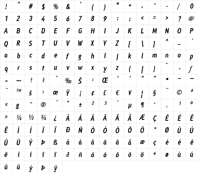 AyumiBold Italic  glyph index