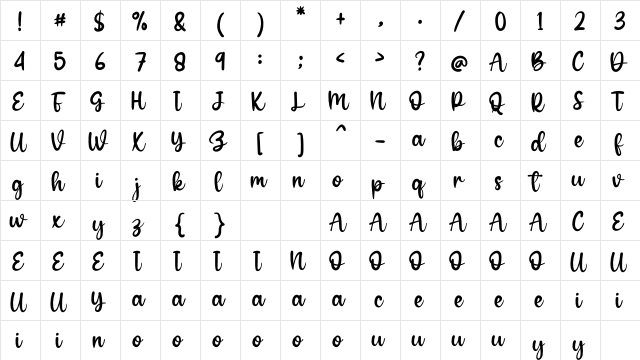 Amellinda Weddings Regular  glyph index