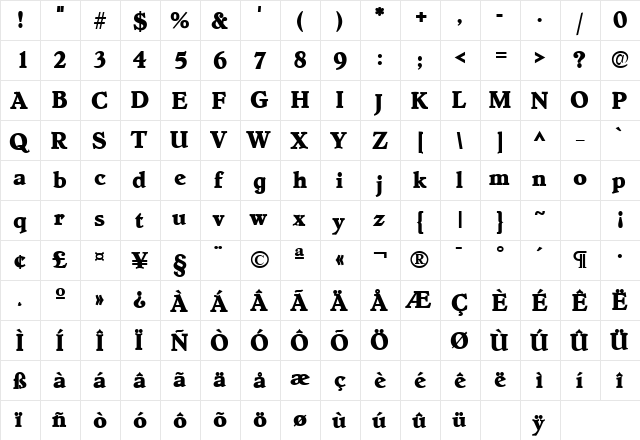 Budoken Heavy SF Bold  glyph index