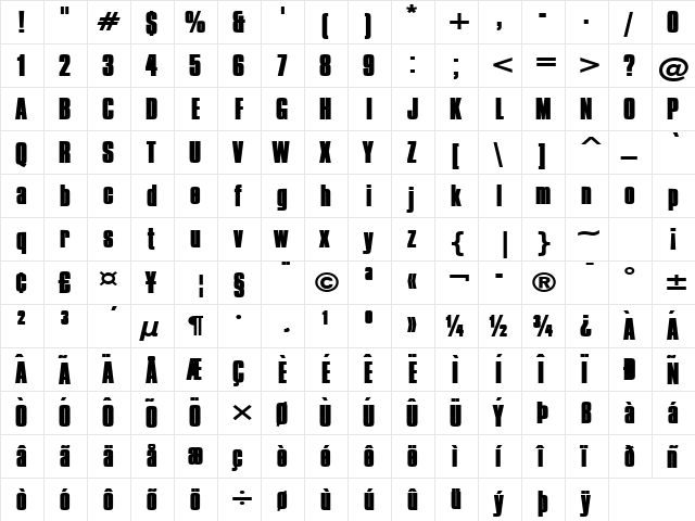 Commador Wide Heavy Normal  glyph index