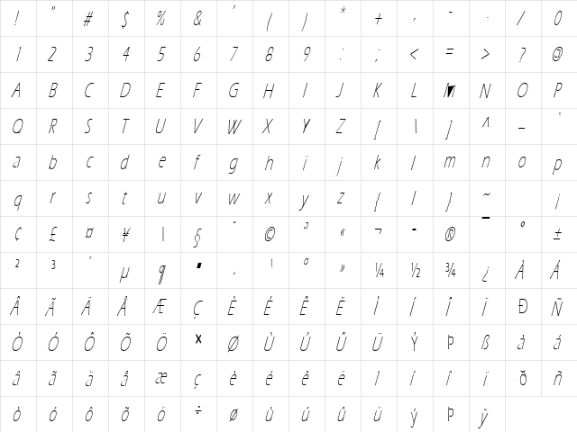 Eric Lite Italic  glyph index