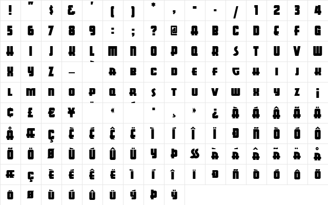 Bull Frog Regular  glyph index