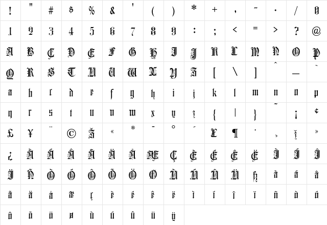 ColchesterBlack Regular  glyph index