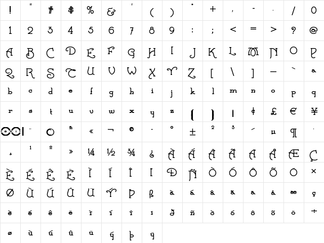 Calamity Jane NF Bold  glyph index