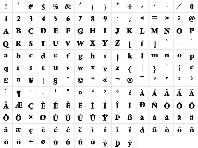 VenturaInline-Bold Regular  glyph index