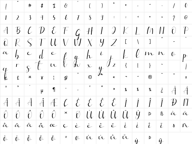 Selitta Regular  glyph index