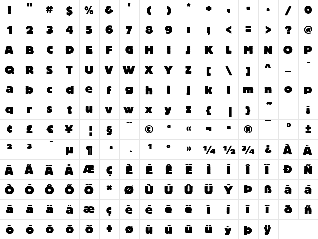 Boulder Bold  glyph index