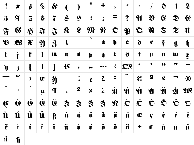 FrakturFett Regular  glyph index
