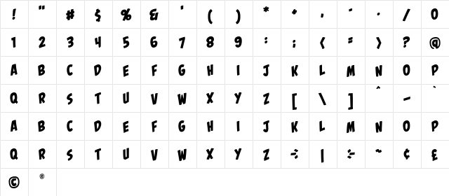 Palooka BB Regular  glyph index